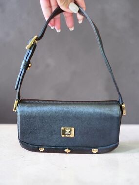MCM Classic Black Leather Shoulder Bag with Gold Accents